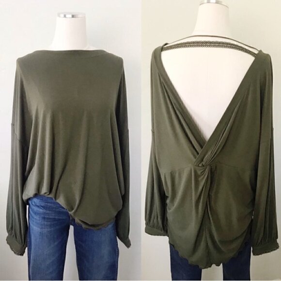 Free People Shimmy Shake Top XS Low Open Back Army Green Slouchy Dolman Boho - Picture 4 of 13